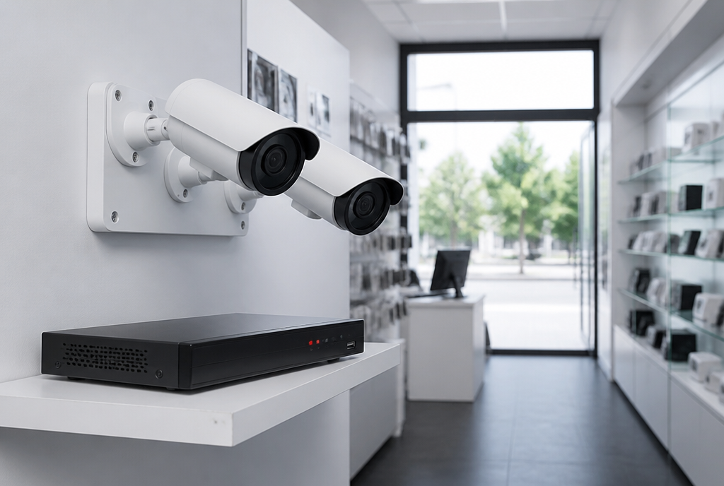 Two white bullet cameras on a wall bracket above a slim network video recorder