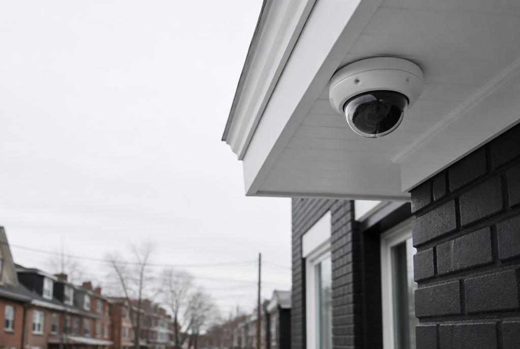 A dome security camera mounted under the soffit of a brick row house in Queens