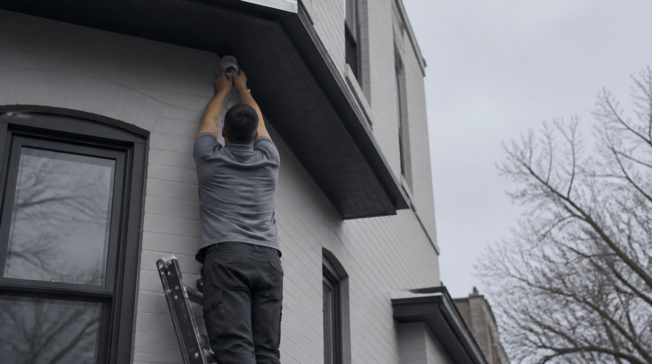 An installer on a step ladder mounting a camera under the eave of a New York row house