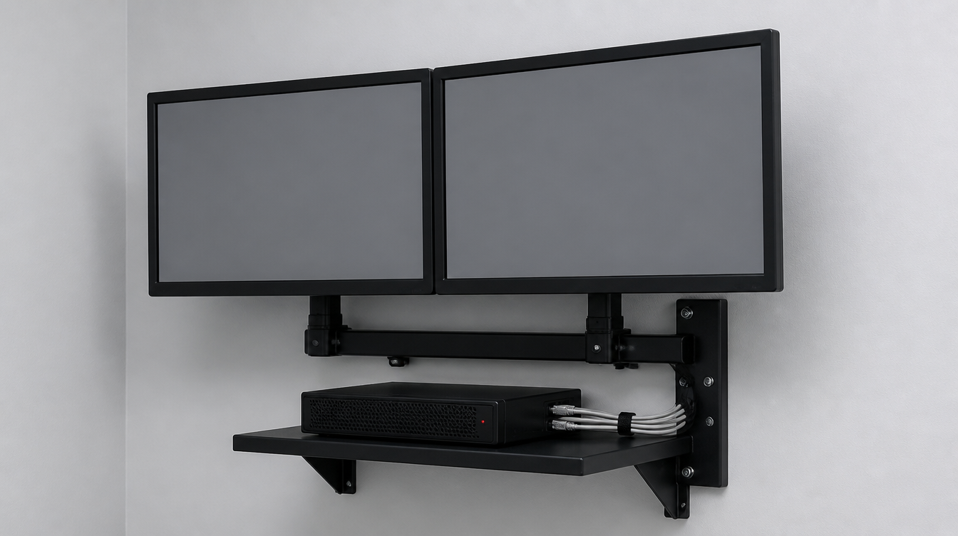 A wall mounted pair of monitors above a network video recorder with neatly dressed cabling