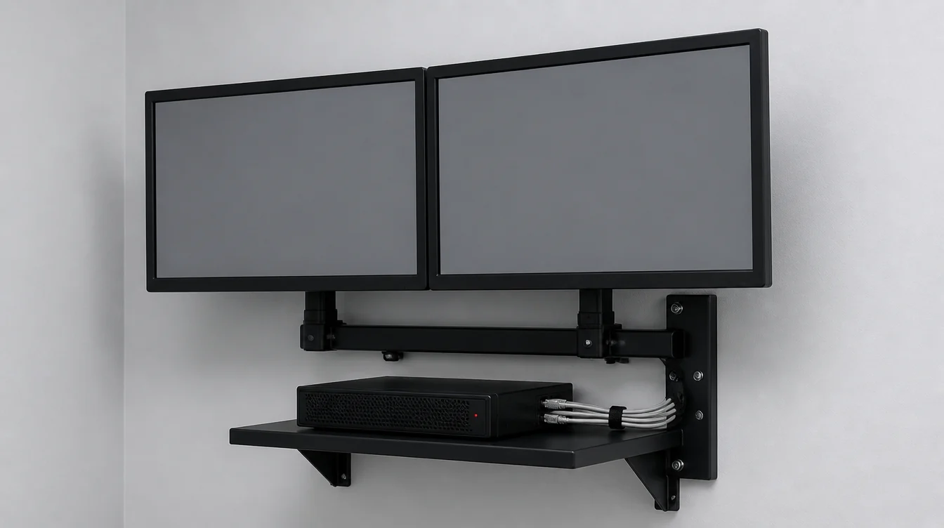 A wall mounted pair of monitors above a network video recorder with neatly dressed cabling
