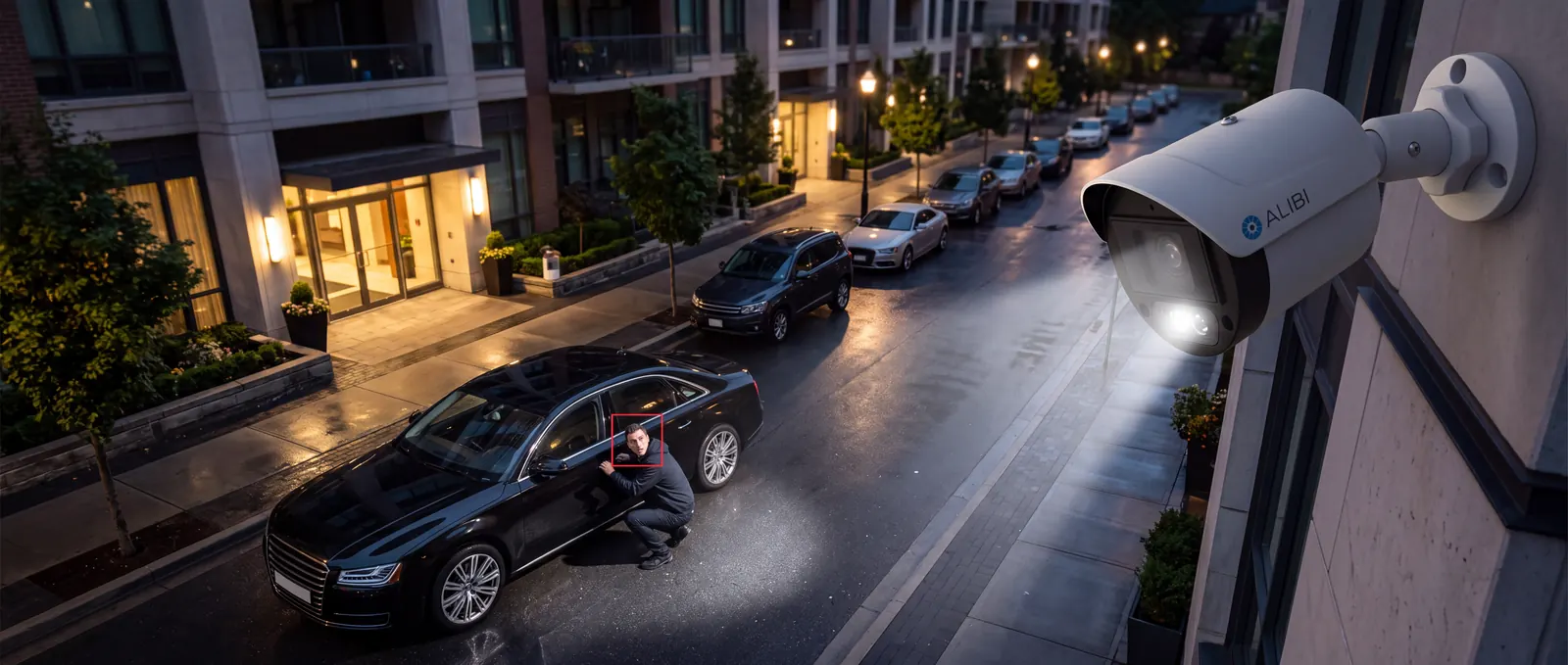 An Alibi camera with its spotlight on, catching a man breaking into a car on a city street at night