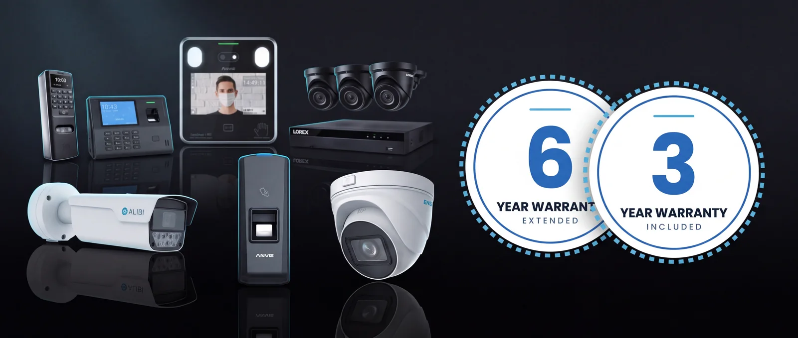 Access control terminals, Lorex and ENS cameras and a recorder, with a 3 year included and 6 year extended warranty